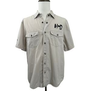 Harley-Davidson Bar & Shield Chain Stitch Khaki Work Shirt SIZE L Snap Front